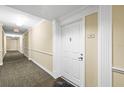 Hallway with neutral walls, carpet, and trim leading to unit 408 in a condo complex at 4516 Seagull Dr # 408, New Port Richey, FL 34652