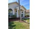Front of the home featuring a palm tree in the yard, a well-manicured lawn, and a charming entrance at 8630 Ne Coral Creek Loop, Hudson, FL 34667