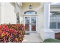 Close-up of the front door with sidelights and decorative columns at 11339 Alden Ct, Hudson, FL 34667