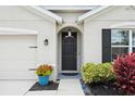 Welcoming front entry with a dark door, surrounded by lush plants, and a view of the garage at 30639 Summer Sun Loop, Wesley Chapel, FL 33545