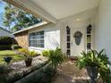 Charming front entrance adorned with plants and stone details, offering a warm welcome at 3142 Crenshaw Ct, New Port Richey, FL 34655