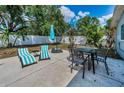 Backyard patio boasts lounge chairs, dining set, and umbrella for stylish outdoor living at 1074 Woodbrook S Dr, Largo, FL 33770