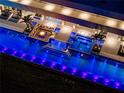 Overhead night view of a luxury pool with a unique design, illuminated with vibrant lights and a cozy fire pit lounge at 18725 Jiretz Rd, Odessa, FL 33556