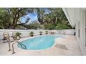 Backyard pool area featuring a white privacy fence, chaise lounges, mature palms and outdoor seating at 5417 Carlton Rd, New Port Richey, FL 34652