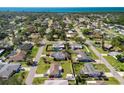 Expansive aerial view of a residential neighborhood near the ocean with lush greenery and blue water backdrop at 4731 Egret Rd, Venice, FL 34293