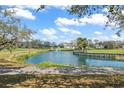 Scenic view of a pond with a fountain, surrounded by a golf course, and mature trees at 11631 Wayside Willow Ct, Hudson, FL 34667
