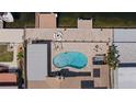 Aerial view of an outdoor pool and patio area with a built-in fire pit, lounge chairs, and manicured greenery at 5033 Cabrilla Ct, New Port Richey, FL 34652