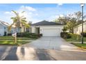 Charming single-story home with well-kept landscaping, a mature palm tree, and a spacious driveway leading to a two-car garage at 11254 Mollymawk Ct, New Port Richey, FL 34654