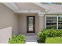 Close-up of the decorative glass front door, complemented by lush landscaping and a welcoming entryway at 11310 Limpkin Rd, Weeki Wachee, FL 34614