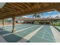 Outdoor shuffleboard courts are featured under a shaded wooden structure, perfect for community enjoyment at 4837 Prince George Cir, New Port Richey, FL 34655