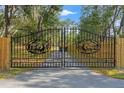 Ornate metal gate featuring deer motifs, securing the entrance to the tree-lined property at 9078 Birmingham Ave, Weeki Wachee, FL 34613