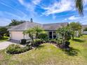 Attractive single-story home with mature palm trees, colorful landscaping, and an attached two-car garage at 3074 Cara Ct, Palm Harbor, FL 34684