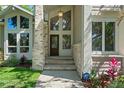 Close up of the front door, with beautiful stone steps, stylish lighting, and detailed stonework at 520 Lafayette Blvd, Oldsmar, FL 34677