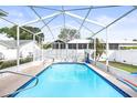 Inviting screened-in pool with clear blue water, poolside basketball hoop, and ample room for leisure at 12040 Penzance Ln, New Port Richey, FL 34654
