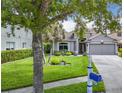 Landscaped front yard view of a charming home with palm trees and a well-manicured lawn in a suburban neighborhood at 4207 Fishermans Lake Dr, Lutz, FL 33558