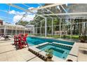 Relaxing screened pool with a spa, complemented by outdoor seating and lush landscaping at 4541 School Rd, Land O Lakes, FL 34638