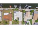 Aerial view of the home with a white tile roof, adjacent to waterfront canals and docks at 4918 Forecastle Dr, New Port Richey, FL 34652