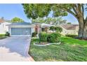 Charming single-story home with a well-manicured lawn and mature tree providing shade at 7499 Blue Skies Dr, Spring Hill, FL 34606