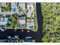 Aerial view of a waterfront home with a private pool and lush greenery in a quiet neighborhood at 9930 San Diego Way, Port Richey, FL 34668