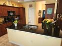 Spacious kitchen island featuring a black countertop, a modern faucet, and decorative wood cabinetry at 12270 Clarendon Ct, Spring Hill, FL 34609