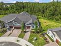 An aerial view of the home showcasing the roof, landscaping, and brick driveway at 16793 Forge Surf St, Land O Lakes, FL 34638