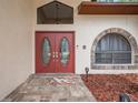Charming home entrance featuring a double door, an arched window, and well-maintained landscaping at 9757 Hermosillo Dr, New Port Richey, FL 34655