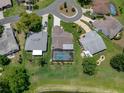 Aerial view of a home with a screened-in pool, surrounded by greenery and mature trees at 7175 Bottle Brush Dr, Spring Hill, FL 34606