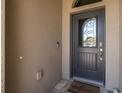 Elegant front door with decorative glass and a welcoming 'welcome' mat at 12750 Tikal Way, Trinity, FL 34655