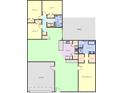 Detailed floor plan showcasing the layout of the bedrooms, bathrooms, kitchen, garage, and patio at 6172 Raleigh St, Spring Hill, FL 34606