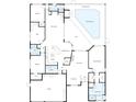 Home floor plan featuring a pool, kitchen, living room, Primary bedroom, and a two-car garage at 8132 Summersong Ct, Spring Hill, FL 34606