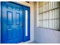 Bright blue front door with window, providing a welcoming entry at 14466 Tamarind Loop, Spring Hill, FL 34609