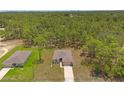 Aerial view of a home surrounded by lush greenery, showing the roofline, driveway, and surrounding landscape at 15414 Green Jay Rd, Weeki Wachee, FL 34614