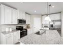 Bright kitchen featuring white cabinets, stainless steel appliances, granite countertops, and a stylish island at 1699 W Palms Dr, Port Charlotte, FL 33953