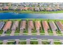 Breathtaking aerial view of a waterfront community highlighting the prime location with water views and lush landscaping at 3051 Francoa Dr, Odessa, FL 33556