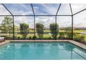 Inviting pool with a screened enclosure, offering a serene view of the water and surrounding landscape at 3051 Francoa Dr, Odessa, FL 33556