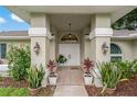 Elegant home entrance with double doors, decorative plants, and modern sconce lighting at 8850 March Ct, New Port Richey, FL 34655
