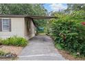 Long driveway leading to a single-story home, bordered by lush greenery and flowering bushes at 10149 Huntley St, New Port Richey, FL 34654