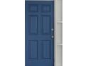 The six-panel front door is painted a nice blue and accented by a white door frame and shelving at 6633 Jackson St, New Port Richey, FL 34653