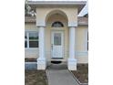Elegant front entrance with decorative glass door, flanked by white columns supporting a unique arched entry at 8291 Weeping Willow St, Brooksville, FL 34613