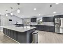 Modern kitchen featuring an island, stainless steel appliances, gray cabinets, and bright lighting at 10277 Rosetti Ct, Spring Hill, FL 34608