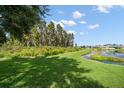 Scenic view of a lush backyard with a pond, mature trees, and a well-maintained lawn at 17905 Machair Ln, Land O Lakes, FL 34638
