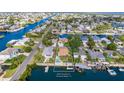 Stunning aerial view of waterfront home on canal with boat dock and pool in Hernando Beach, FL at 4460 Flounder Dr, Hernando Beach, FL 34607