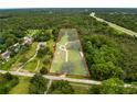 Aerial view of a home and its expansive, tree-filled property, the borders outlined in red at 8540 Roseanne Blvd, New Port Richey, FL 34654