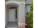 Close-up of a home's entrance showing the front door with sidelights and an arched transom window at 15569 Burbank Dr, Brooksville, FL 34604