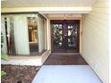 Unique front entrance showcasing an artistic tree-themed double door and adjacent sidelight window at 4269 River Birch Dr, Spring Hill, FL 34607