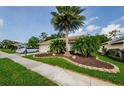 Well-maintained home featuring mature palm trees, green lawn, and a charming, landscaped front yard at 9719 Oakwood Hills Ct, New Port Richey, FL 34655