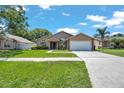 Inviting home exterior with a two-car garage, featuring a landscaped front yard and bright curb appeal at 2048 Ground Squirrel Dr, New Port Richey, FL 34655