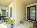 Inviting front porch with stylish seating area and plants leading to a modern glass front door at 6130 Colmar Pl, Apollo Beach, FL 33572