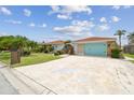 Charming single-story home features a vibrant turquoise garage door and a well-manicured lawn at 9921 San Mateo Way, Port Richey, FL 34668