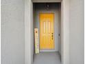 Welcoming yellow front door with covered entryway and neutral gray accents at 1098 Old Windsor Way, Spring Hill, FL 34609